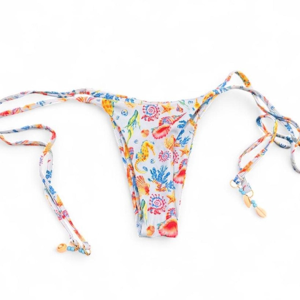 SHEIN Seahorse Seashell Ribbed Bikini Bottoms XS Side Tie Shell Charms